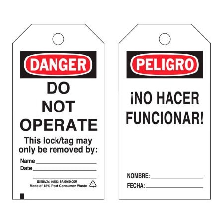Brady Brady Lockout Tag- Danger Do Not Operate, Bilingual Engligh/Spanish, Cardstock, 25/Pack 65670